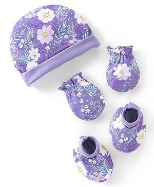 Babyhug 100% Cotton Interlock Knit Cap Mittens And Booties Floral Print - Purple