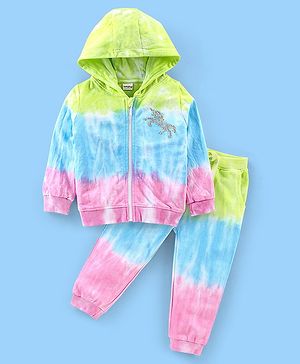Babyhug 100% Cotton Full Sleeves Hooded T-Shirt & Lounge Pant Set Tie Dye Print- Blue Green & Pink