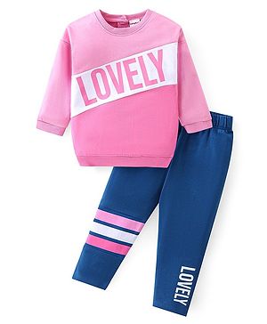 Babyhug 100% Cotton Oversized Tunic Length Full Sleeve Top & Legging With Text Print - Pink & Blue