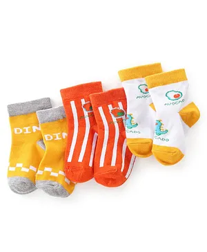 Cute Walk by Babyhug Anti Bacterial Ankle Length Non Terry Socks Avocado Design Pack of 3  - Yellow & Orange