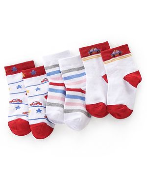 Cutewalk By Babyhug Anti Bacterial Ankle Length Socks Cars Print Pack Of 3 - White & Red