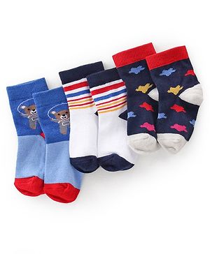 Cutewalk By Babyhug Anti Bacterial Ankle Length Socks Teddy Print Pack Of 3 - White & Blue