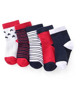 Cutewalk By Babyhug Anti Bacterial Ankle Length Socks Striped & Star Print Pack Of 5 - Red Blue & White