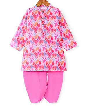 Babyhug Woven Full Sleeves Chevron Printed Kurta & Dhoti Set - Pink