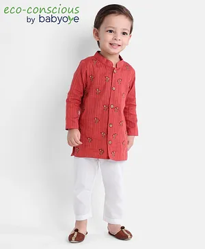 Babyoye 100% Cotton ALL Over Embroidered Full Sleeves Kurta Pyjama Set - Multicolour