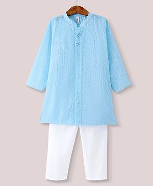 Babyhug 100% Cotton Woven Full Sleeves Chikankari Kurta Pyjama Set  -Blue