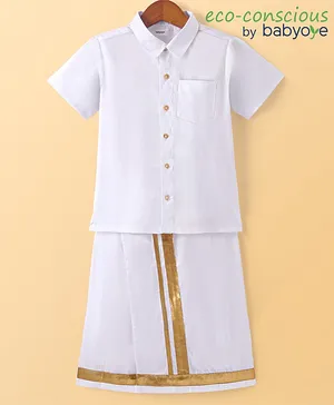 Babyoye 100% Cotton Woven Half Sleeves Solid Dyed Shirt & Mundu Set - White