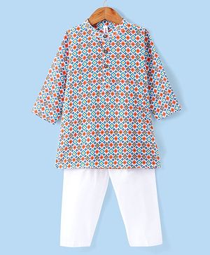Babyhug 100% Cotton Full Sleeves Square Print Kurta & Pajama Set- Multicolour