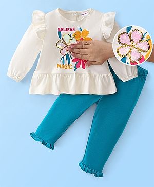 Babyhug 100% Cotton Knit Full Sleeves With Top & Lounge Pants Sequine Detailing - Offwhite & Green