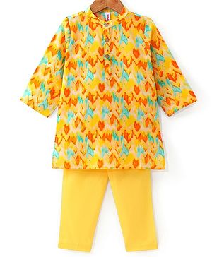 Babyhug 100% Cotton Lurex Full Sleeves Printed Kurta Pyjama Set - Yellow