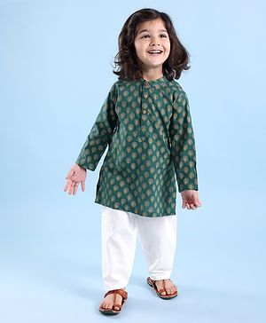 Babyhug 100% Cotton Woven Full Sleeves Kurta Pyjama Set Digital Floral Print - Green