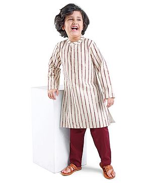 Babyhug Full Sleeve Self Embroidered Ith Sequenced Kurta With Pyjama Set - White & Maroon.