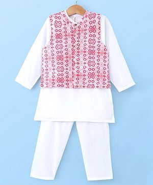 Babyhug 100% Cotton Knit Full Sleeves Kurta Pyjama Set with Printed Waistcoat - Pink & White