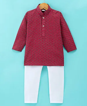 Ridokidz Full Sleeves Damask Motif Self Designed Kurta Pyjama - Maroon