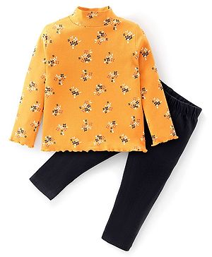 Babyhug 100% Cotton Full Sleeves Top & Leggings With Floral Print - Yellow & Black