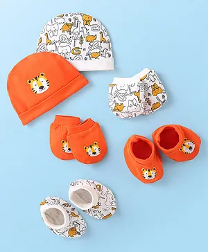 Doodle Poodle 100% Cotton Tiger Printed Cap Mittens & Booties Set Orange & White Pack of 2 - Diameter 11.5 cm