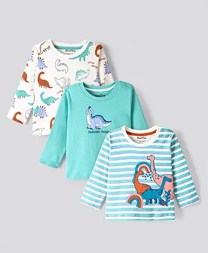 Bonfino 100% Cotton Full Sleeves T-Shirts Dino Print & Striped Pack of 3  - Mint & Off White