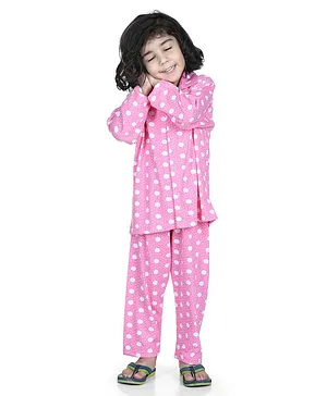 AJ Dezines Full Sleeve Seamless Polka Dots Printed Coordinating Night Suit - Pink