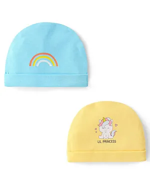 Doodle Poodle 100% Cotton Rainbow Printed  Cap Pack of 2 Yellow & Blue - Diameter 13 cm