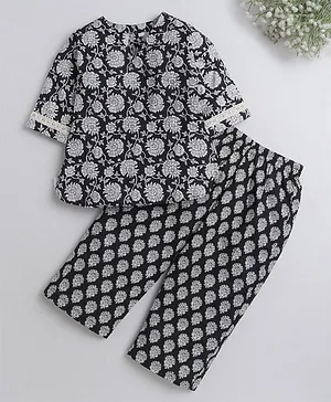 IndiUrbane Three Fourth Sleeves Floral Printed Lace Embellished Top With Printed Bottom Loungewear Set - Black
