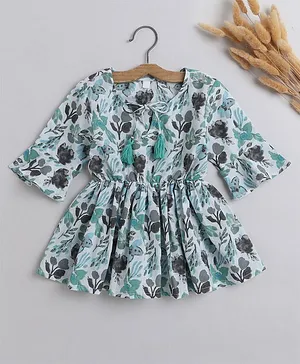 IndiUrbane Three Fourth Sleeves Gathered Floral Printed Round Neck Top With Tassels - Green