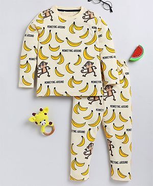 Little Marine Full Sleeves Banana And Monkey Printed Nightsuit -Yellow
