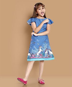 Little Marine  Frill Cap Sleeves Unicorn And Butterfly Printed Dress - Blue