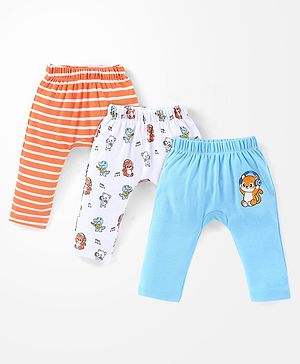 Babyhug Cotton Full Length Diaper Pants Stripes & Tiger Print Pack of 3- Blue Orange & White