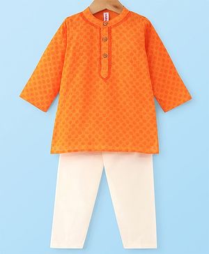 Babyhug 100% Cotton Woven Full Sleeves  Dobby  Kurta Pajama Set - Orange