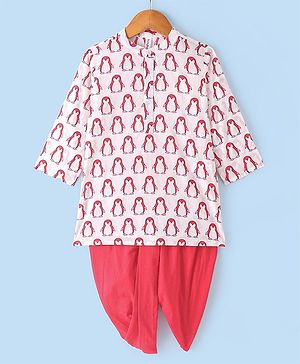 Babyhug 100% Cotton Woven Full Sleeves Penguin Printed Kurta Dhoti Set - Red & White
