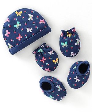 Babyhug 100% Cotton Cap Mittens & Booties Butterfly Print - Navy Blue
