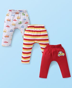 Babyhug Cotton Knit Full Length Diaper Pants Striped & Car Printed Pack of 3 - Multicolour