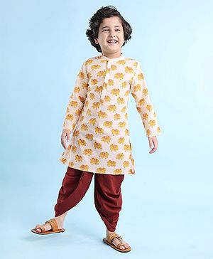 Babyhug Cotton Woven Full Sleeves Elephant Printed Kurta with Dhoti Set - White & Maroon