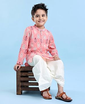 Babyhug Cotton Woven Full Sleeves Floral Printed Kurta & Dhoti Set - Pink & White