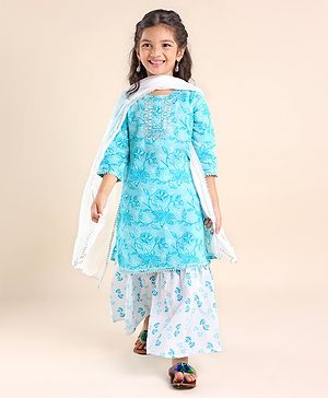 Babyhug 100% Cotton 3/4 th Sleeve Floral Printed Kurti Gharara and Dupatta with Gotta Patti Embroidery -Blue