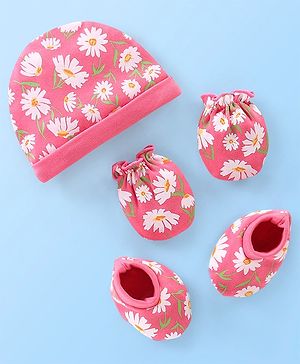 Babyhug 100% Cotton Cap Mittens & Booties Floral Printed Pink - Diameter 12 cm