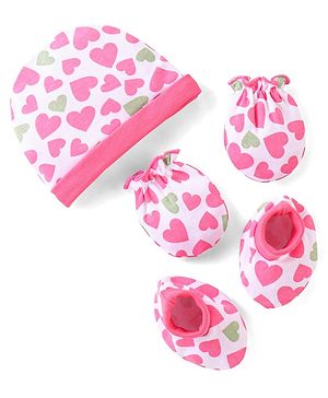 Babyhug 100% Cotton Knit Cap Mittens & Booties Heart Print Pink - Diameter 9 cm