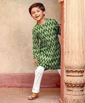 Babyhug Cotton Full Sleeves Floral Printed Kurta & Pyjama Set - Green