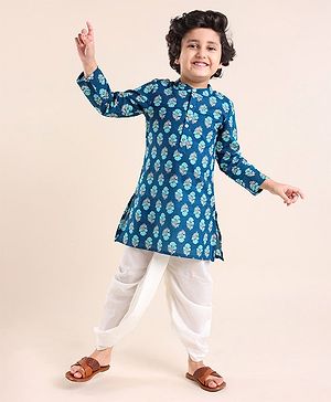 Babyhug Cotton Woven Full Sleeves Floral Printed Kurta & Dhoti Set - Indigo & White