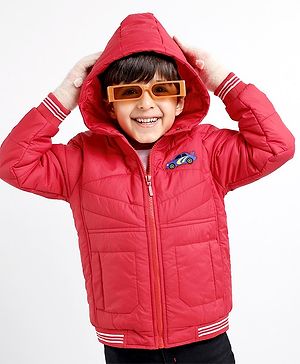 Babyhug Woven Full Sleeves Jacket With Hood & Car Applique - Red