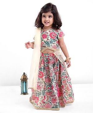 Babyhug 100% Cotton Short Sleeves Floral Printed Choli and Lehenga with Crushed Mull Dupatta Set - Cream