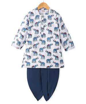 Babyhug 100% Cambric Full Sleeve Elephant Printed Kurta With Solid Dhoti Set - White & Navy