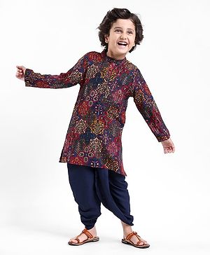 Babyhug Rayon Full Sleeves All Over Printed Dhoti Kurta Set - Navy Blue