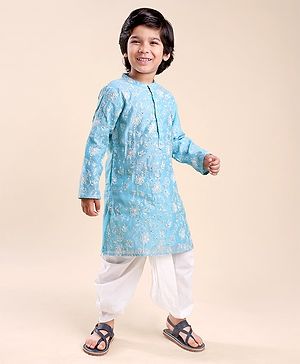 Babyhug 100% Cotton Knit Full Sleeve Embroidered Kurta & Dhoti Set - Auqa Blue