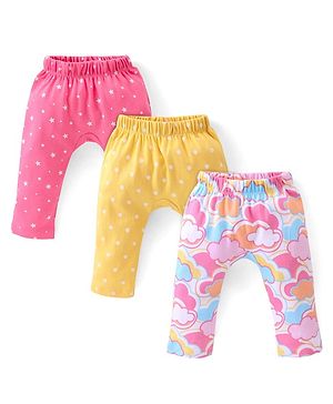 Babyhug Cotton Knit Full Length Diaper Pants Stars Printed Pack of 3 - Pink & Yellow