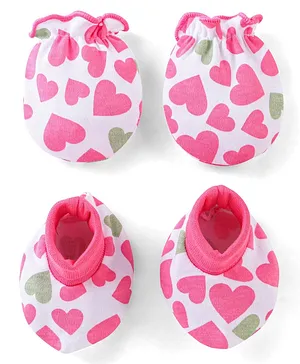 Babyhug Interlock 100% Cotton Knit Mittens & Booties Heart Print - Pink