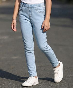 Pine Kids Cotton Stretchable Full Length Denim Jegging with Adjustable Waist Band - Ice Blue