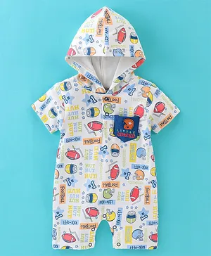 Wonderchild Half Sleeves Sports Theme Doodle Art Printed Hooded Romper - Dull White