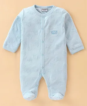 Wonderchild Full Sleeves Bear Face Monochrome Patch Self Embroidered Romper - Blue