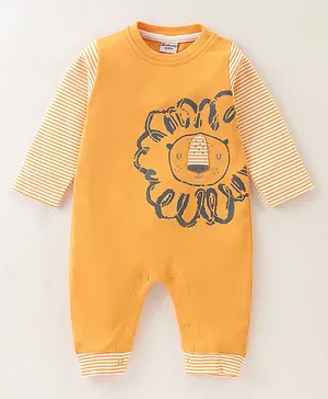 Wonderchild Full Sleeves  Striped Lion Face Printed Romper - Mustard Yellow